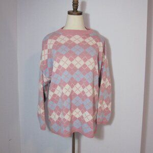 Vintage 80s Argyle Pink, Pale Blue and White Crewneck Sweater